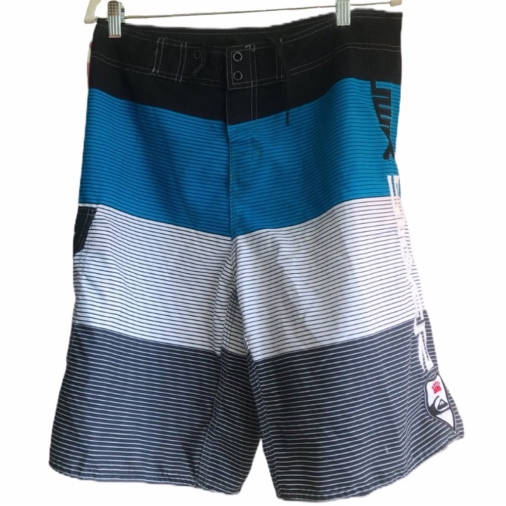 Quiksilver Striped Blue, White, and Black Board Shorts